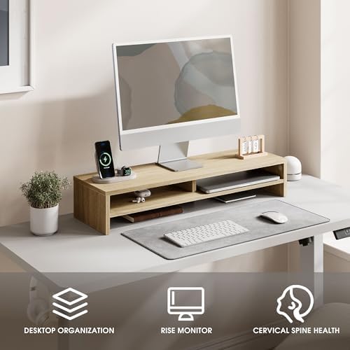 Fenge 31.5 Inch Dual Monitor Stand Riser for Desk, Oak - Image 2