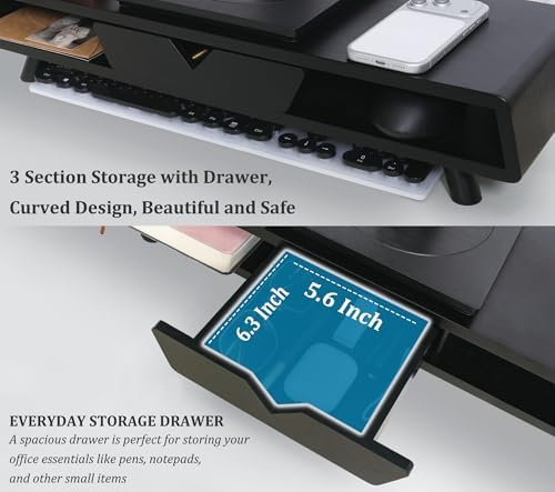 Homerays Monitor Stand with Drawer, Exquisite Computer Monitor Stand for Desk, Ergonomic Wood Monitor Stand Riser for Computer,Laptop,Printer,TV,Bamboo,Black - Image 5