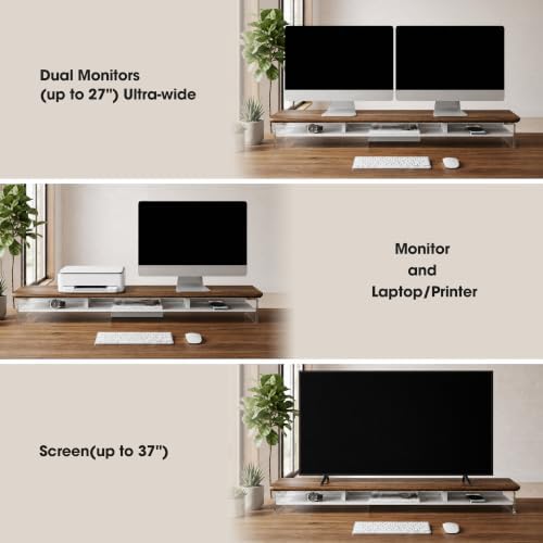Fenge 42.5" Dual Monitor Stand with Clear Acrylic Legs, Brown - Image 4