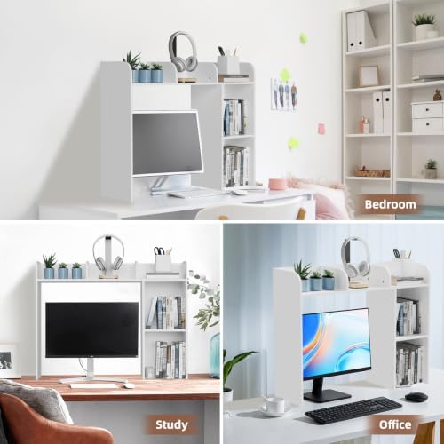 Desk Hutch Dorm White, 3-Tire Wood Desk Shelf Storage Organizer for Office Home - Image 6