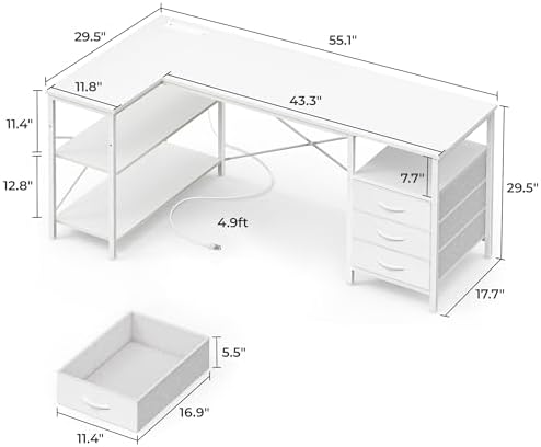 Huuger L Shaped Office Desk with Power Outlets & 3 Drawers - Image 3