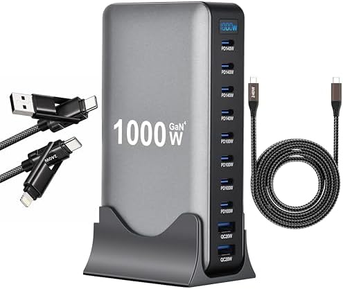 Famous Tech Shop 1000W GaN USB-C Charging Station Bundle, 10-Port Desktop Charger with 2 240W 4-in-1 Cables by FTSFAMOUSTECHSHOP