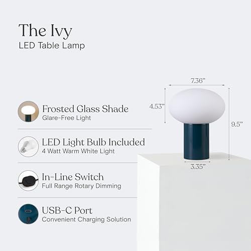 Brightech Ivy LED Table Lamp - Small 9” Bedside Reading Lamp, Modern USB Desk and Nightstand Light with Ambient Lighting for Bedroom, Living Room, Office - Frosted Glass Globe Lamp Shade, Teal - Image 3