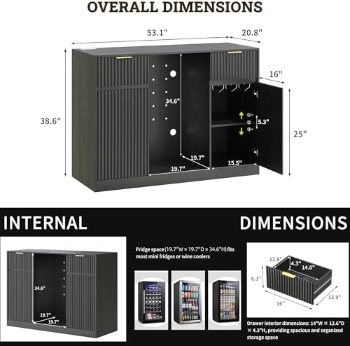 53.1" Mini Fridge Cabinet, Coffee Bar Cabinet with Fridge Space, Black - Image 2