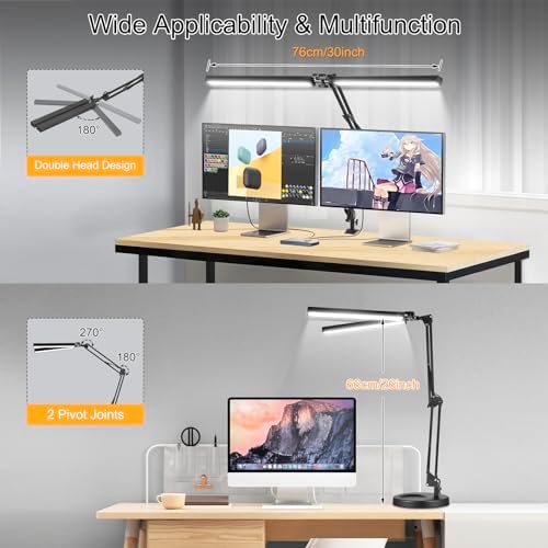 2-in-1 LED Desk Lamp, 24W Brightestwith Table Lamp with Clamp, Desk Light with Flexible Swing Arm,3 Color Modes Stepless Dimmable Double Head Architect Desk Lamps for Home Office Workbench Reading - Image 3