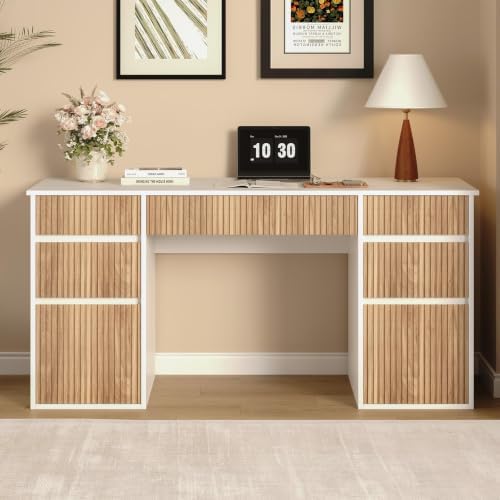 White Desk with Drawers, 58 Inch Executive Desk with File Cabinet - Image 7