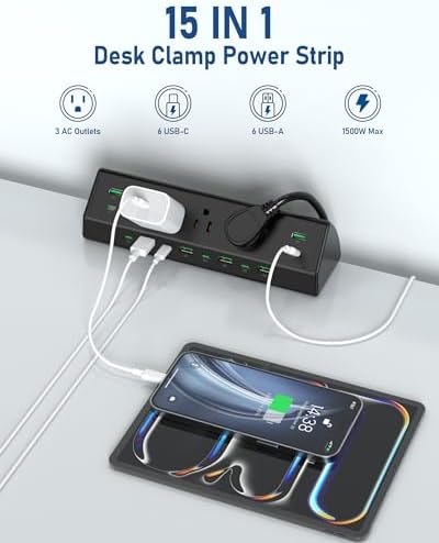 Jgstkcity 90W Desk Clamp Power Strip,12 USB Ports (6 PD 45W USB-C),Surge Protector,ETL Listed Power Hub Extension Cord,Fast Charging Station for Home Office Desk Edge Mount (Black,12 USB-90W) - Image 5