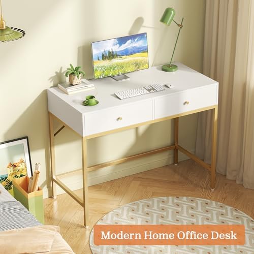 SUPERJARE 31.5" White and Gold Desk with 2 Drawers, Modern Vanity Desk - Image 6