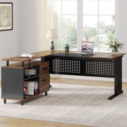 Tribesigns 63 Inch Executive Desk with File Cabinet, Large Office Desk L Shaped Computer Desk with Drawers and Storage Shelves, Business Furniture Desk Workstation for Home Office, Brown and Black - Image 5