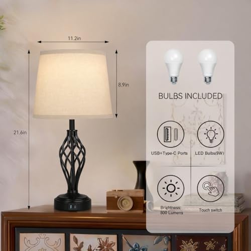 Ruiever Touch Table Lamps Set of 2, nightstand lamp with USB Ports Bedside 3 Way Touch dimmer Desk lamp for Living Room Bedroom,Black Painted Spiral cage Base Design Warm White dimmer Bulbs Included. - Image 2