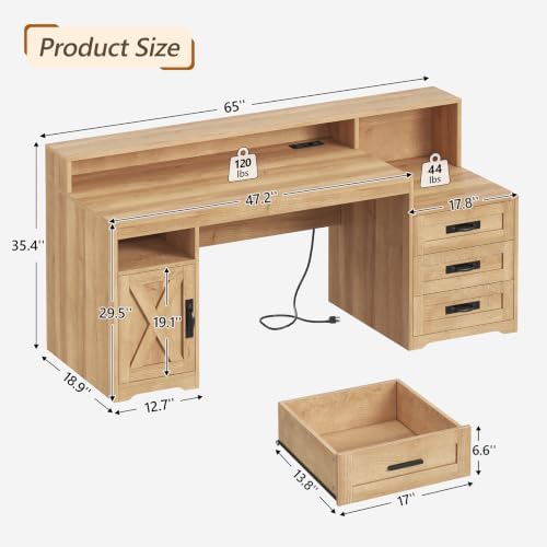 65" Farmhouse Computer Desk with Drawers and Printer Stand for Home Office - Image 2