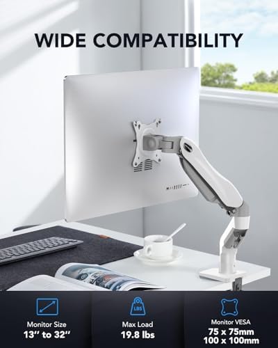 HUANUO Single Monitor Mount, 13 to 32 Inch Gas Spring Monitor Arm, Adjustable Stand, Vesa Mount with Clamp and Grommet Base - Fits 4.4 to 19.8lbs LCD Computer Monitors - Image 2
