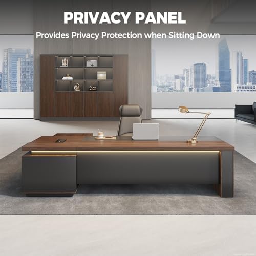 Compact Reversible L Shaped Executive Desk for Manager, Home Office Desk with Power Outlet & USB Ports, LED Ambient Lighting, Storage Cabinet (Red Walnut/Graphite Gray, 63" L*63" W*30" H) - Image 4