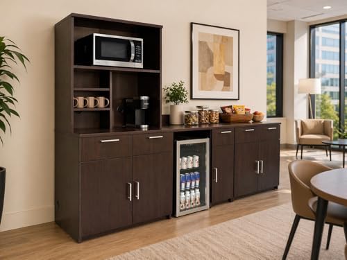 BREAKtime Breakroom Kitchenette Cabinet with 4-Door Storage, Mini Fridge Space & Upper Hutch, Microwave Space, Fully Assembled, 90" W x 24" D x 75" H, Appliances Not Included, Espresso - Image 2
