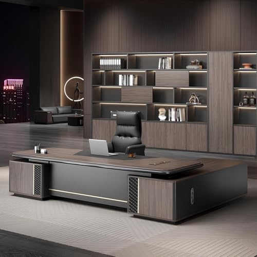 Modern L-Shaped Executive Desk with Drawers, Wooden Office Desk with Hidden Power Outlet, Digital Combination Lock, Aluminum Inlaid Desktop for Home & Professional Office by Unknown