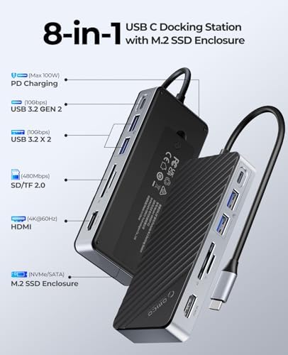 ORICO USB-C Hub with M.2 SSD Enclosure, 8-in-1 USB C Docking Station Fits M.2 NVMe/SATA SSD, 10Gbps, 4K@60Hz HDMI, 100W PD, SD/TF Card Reader - Image 2