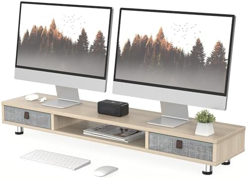 Fenge Dual Monitor Stand, 2-Tier Desk Organizer with Drawers, 42.5in, Oak by Fenge