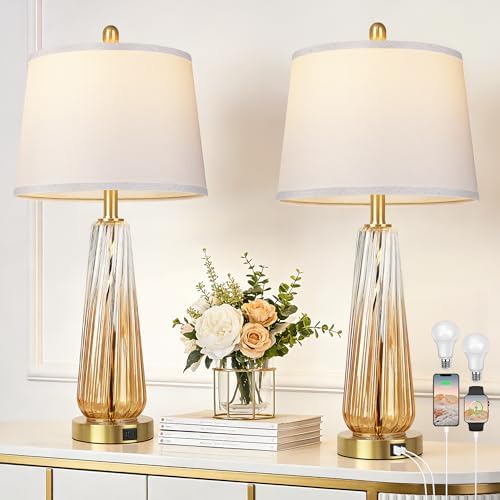 Glass Table Lamps Set of 2, Modern Bedside Lamps for Bedrooms with 3-Way Dimmable Touch Control Nightstand Lamp with White Lampshade USB A+C Ports, 27.5" Large Lamps for Living Room Decor, Champagne by Qimh