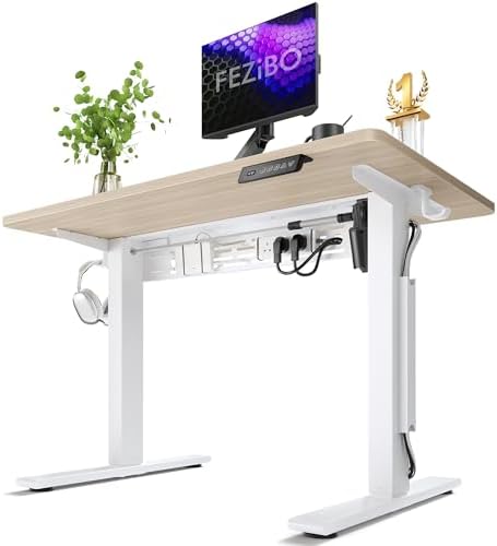 FEZIBO Electric Standing Desk with L-Shaped Crossbar & Cable Management System, 40 x 24 Inches Sit Stand up Desk, Adjustable Height Standing Desk for Home Office, Light Walnut by FEZIBO