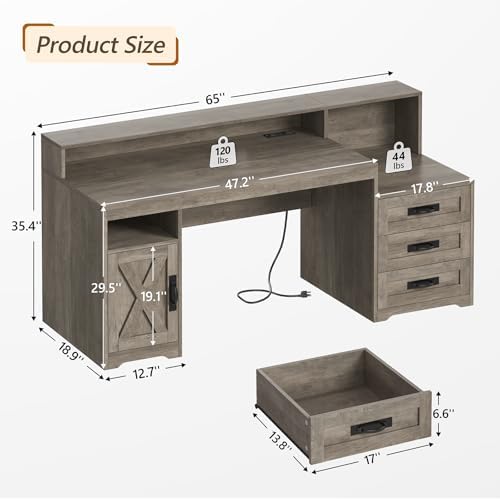65" Farmhouse Computer Desk with Drawers and Printer Stand for Home Office - Image 2