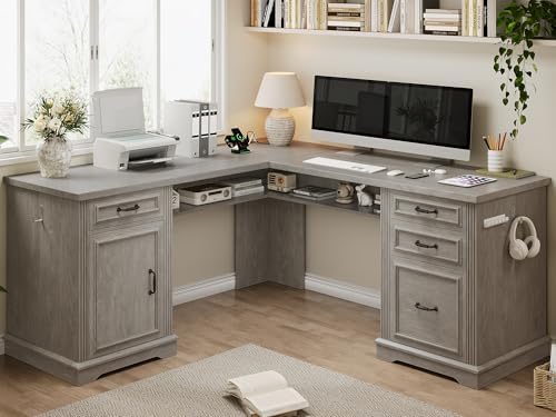 Farmhouse L Shaped Executive Desk with 4 Drawers, Home Office Desk with Hidden Under-Desk Storage Shelf and Charging Station, File Cabinet Storage, Wood Corner Computer Desk for Work and Study(Grey) by JOCOEVOL