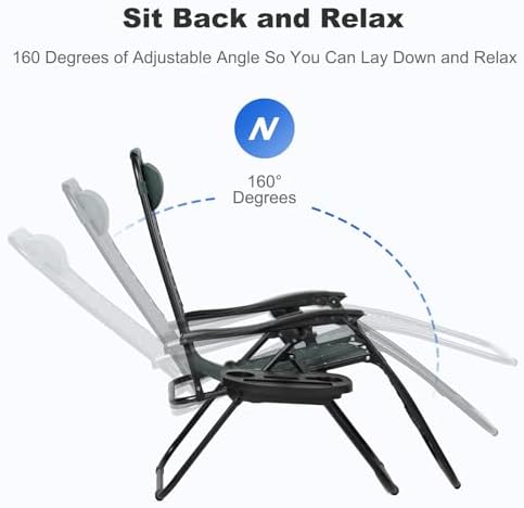 Nazhura Set of 2 Relaxing Recliners Patio Chairs Adjustable Steel Mesh Zero Gravity Lounge Chair Beach Chairs with Pillow and Cup Holder (Dark Green) - Image 4