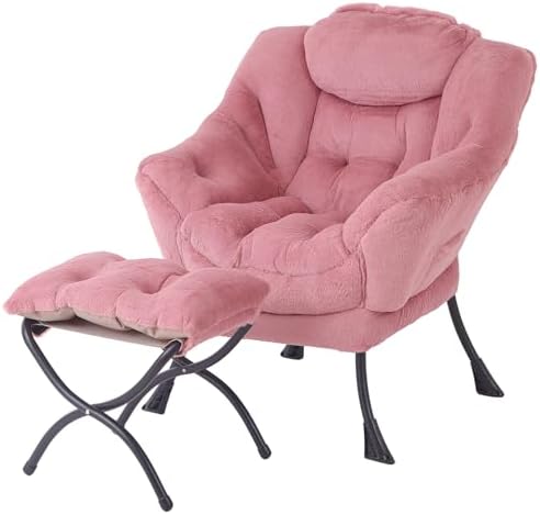 Tiita Lazy Chair with Ottoman, Comfy Reading Accent Chair, Plush Dark Pink by TiitaHome