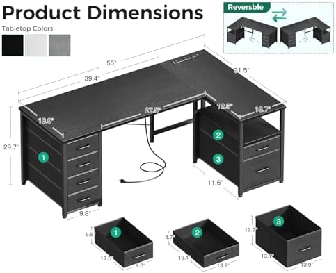 Coleshome 55 Inch L Shaped Office Desk with 6 Drawers, Power Outlet, Black - Image 3