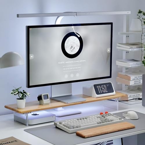 Bamboo Monitor Stand, Desk Shelf with Acrylic Legs and RGB Lights by Rocdeer