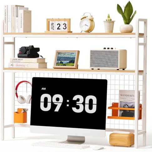 VEVOR 45.3"W Desk Shelf with Grid Panel, Desktop Bookshelf Storage Hutch for Computer Monitor, Metal Frame and Wooden Shelf, 2-Tier Countertop Display Rack, Desk Organizer Hutch for Dorm, Home, Office by VEVOR