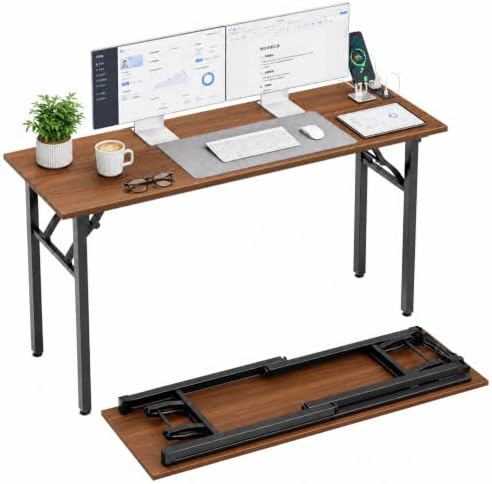 Folding Table Computer Desk - 55.1" No Assembly Folding Desk with Power Outlets & USB Charging Port, Small Desk, Foldable Office Desk, Compact Storage Portable Use for Small Space, Dark Walnut by HMFOR