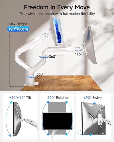 BIZUM Dual Monitor Stand for 17″-42", Heavy Duty Ultrawide Monitor Arm Dual-Monitor Mount VESA Mount with Clamp/Grommet Base, Holds 33.1lbs per Arm, White - Image 4