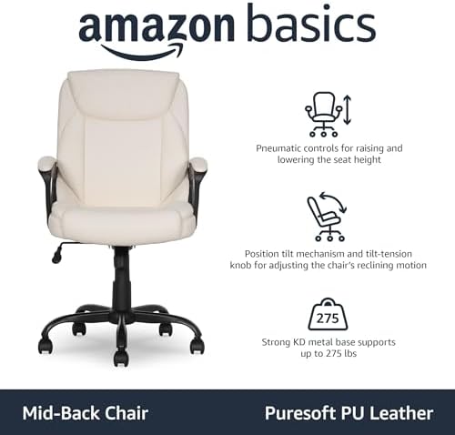 Amazon Basics Classic Puresoft PU Padded Mid-Back Office Chair with Armrest, Height Adjustable, Easy to Assemble, 26"D x 23.75"W x 42"H, Cream - Image 4