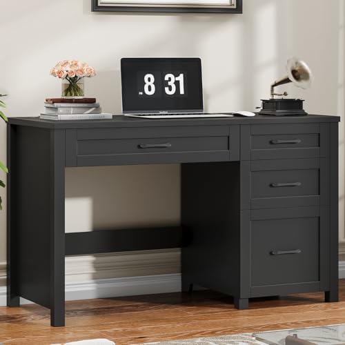 Farmhouse 47" Executive Desk, Computer Desk with File Drawer, Pure Black by Halitaa