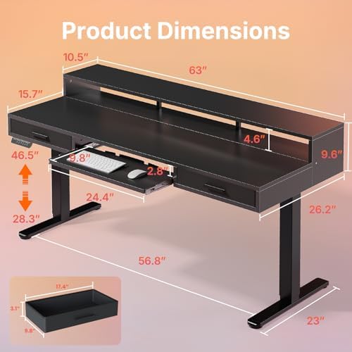 HUANUO 63″ X 26″ Electric Standing Desk with 2 Drawers &24.4″ Large Keyboard Tray, C-Clamp Mount Compatible, Adjustable Computer Desk for Office, Sit Stand Up Desk with 4 Height Presets, Black - Image 2