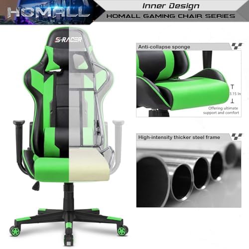 Homall Gaming Chair, Office Chair High Back Computer Chair Leather Desk Chair Racing Executive Ergonomic Adjustable Swivel Task Chair with Headrest and Lumbar Support (Green) - Image 4