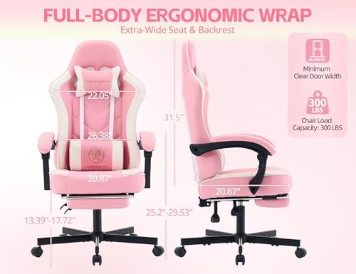 Office Desk Computer Gaming Chair for Adults, Ergonomic High Back Gamer Chair with Massage and Pocket Spring Cushion, Swivel Comfy Video Game Chairs with Footrest and Lumbar Support (Pink White) - Image 3