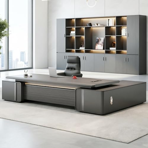 Executive Office Desk with Storage Cabinet,Modern l Shaped Executive Desk,50MM Thick Desktop for CEO Office, Reception & Commercial Workspace by Unknown