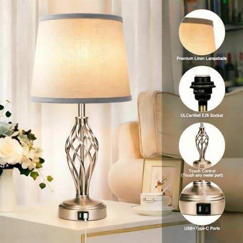 Ruiever Touch Table Lamps Set of 2, nightstand lamp with USB Ports Bedside 3 Way Touch dimmer Desk lamp for Living Room Bedroom,Nickel Spiral Cage Grey Shade, Warm White dimmer Bulbs Included. - Image 3