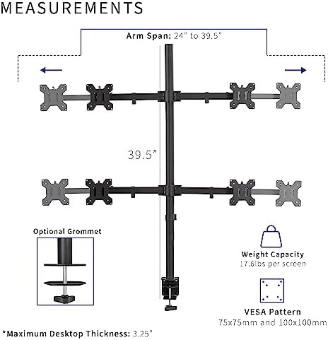 VIVO Premium Quad Ultra Wide LCD LED 27 to 38 inch Monitor Desk Mount, Heavy Duty C-clamp, Extra Tall Pole, Adjustable Telescoping Arms, Flush Wall Setup, Fits 4 Screens, Black, STAND-TS38C-4 - Image 6