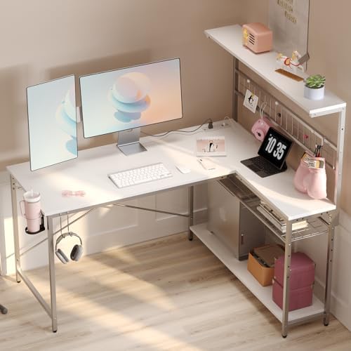 Bestier 51" L Gaming Desk with Power Outlets LED Lights, Carbon Fiber White - Image 3