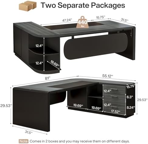 Tribesigns 81‘’ L-Shaped Executive Desk, Large Modern Office Desk with Drawers and File Cabinet for Home or Business Workspace, Grey & Black Computer Desk with Storage Shelves - Image 2