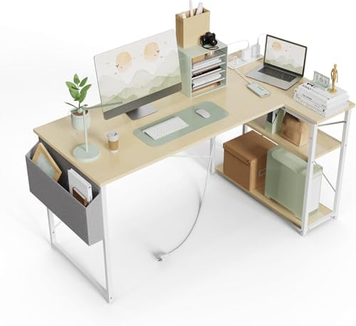 TIQLAB L Shaped Computer Desk with Power Outlets, 55 Inch Small Corner Desk with Reversible Shelves, Gaming Desk Computer Table Study Writing Desk for Home Office Small Space, Beige by TIQLAB
