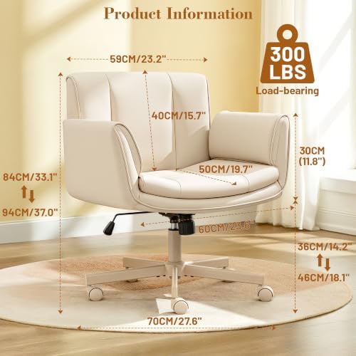 HeroSet Criss Cross Chair with Wheels & Armrests,Comfy Wide Vanity Chair,Scratch-Resistant Pu Leather Cross Legged Desk Chair,Height Adjustable Computer Office Desk Chairs for Home,Makeup,Bedroom - Image 2