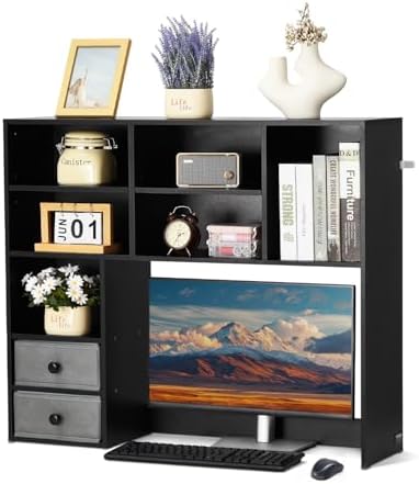 VEVOR 3-Tier Desktop Storage Organizer, 37" x 10" x 31.1" Office Storage Rack Wood Display Shelf, Desktop Bookshelf Hutch with 2 Fabric Drawers, for Office, Home & Dorm, Black by VEVOR