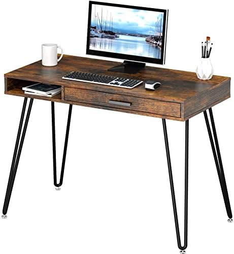 SHW Home Office Computer Hairpin Leg Desk with Drawer, Rustic Brown by SHW