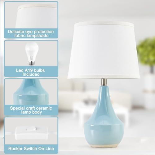 GyroVu 18" Table Lamp Set of 2, Ceramic Lamp Classic Beside Lamps Nightstand Lamp Modern Cute Lamp for Living Room, Bedroom & Office Rocker Switch Sky Blue-LED Bulbs Included - Image 4