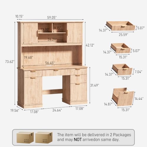 Vabches Farmhouse Executive Desk with 5 Drawers & 3 Storage Cabinets,Oak - Image 2