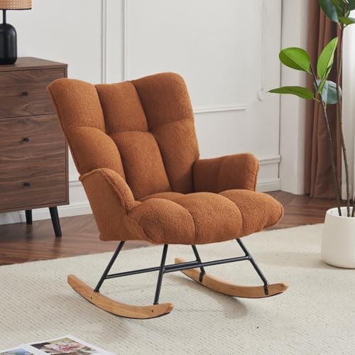 SAETSFEG Rocking Chair Nursery Teddy Upholstered Glider Rocker Rocking Accent Chair Padded Seat with High Backrest Armchair Comfy Side Chair for Living Room Bedroom Offices (Caramel Brown Teddy) by SAETSFEG