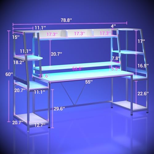 SEDETA 79'' Gaming Desk with LED Lights, Hutch and Storage Shelves, White - Image 2